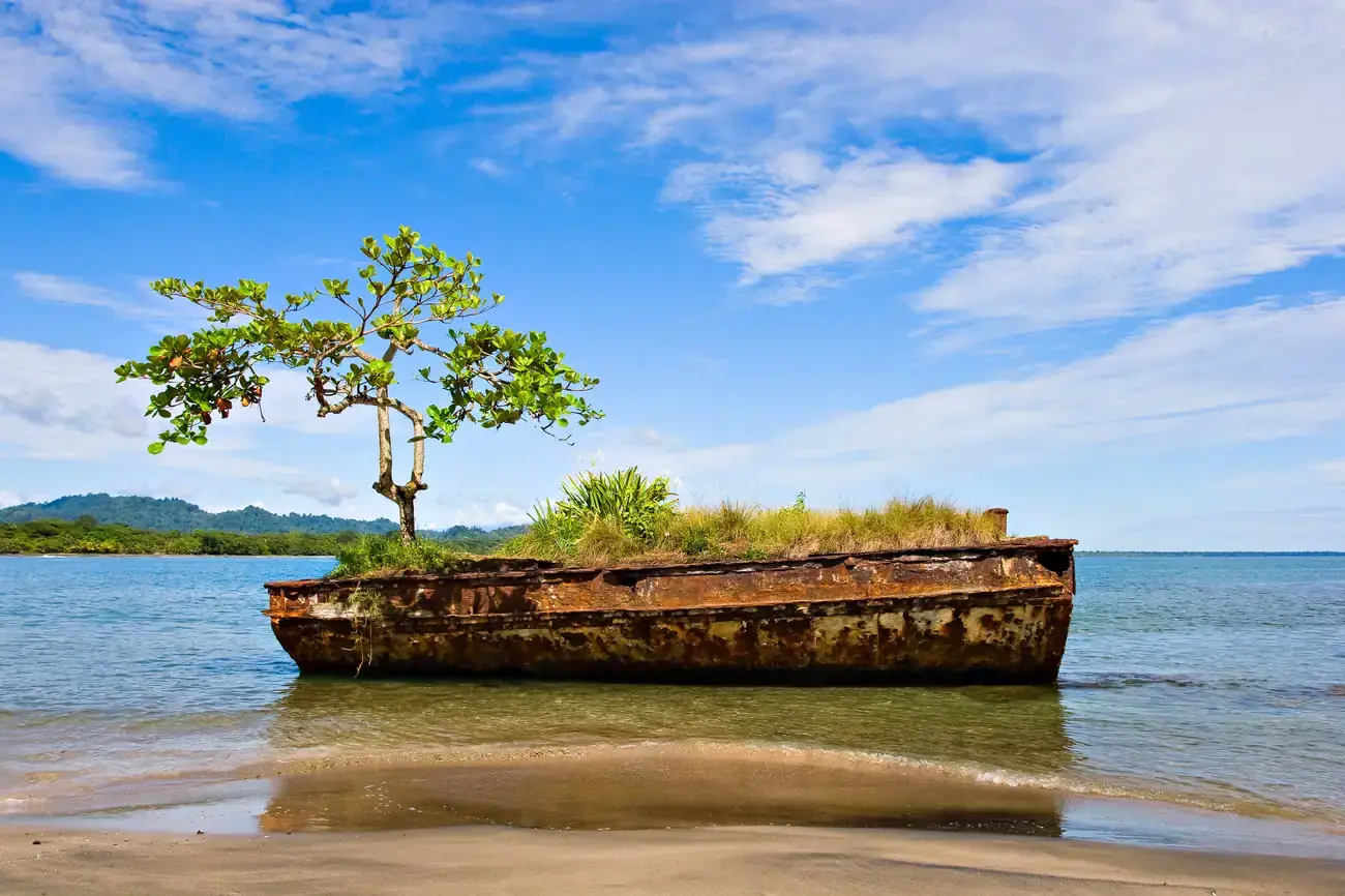 Epave envahie par la vegetation sur une plage de Puerto Viejo, cote caraibe du Costa Rica